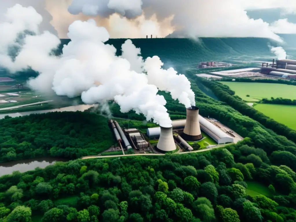 Complejo industrial rodeado de naturaleza exuberante, reflejando riesgos ecológicos en empresas