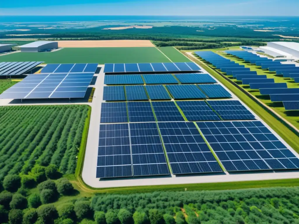 Complejo industrial sustentable: energía renovable y tecnología verde Complejo industrial sostenible con energía renovable, trabajadores y naturaleza