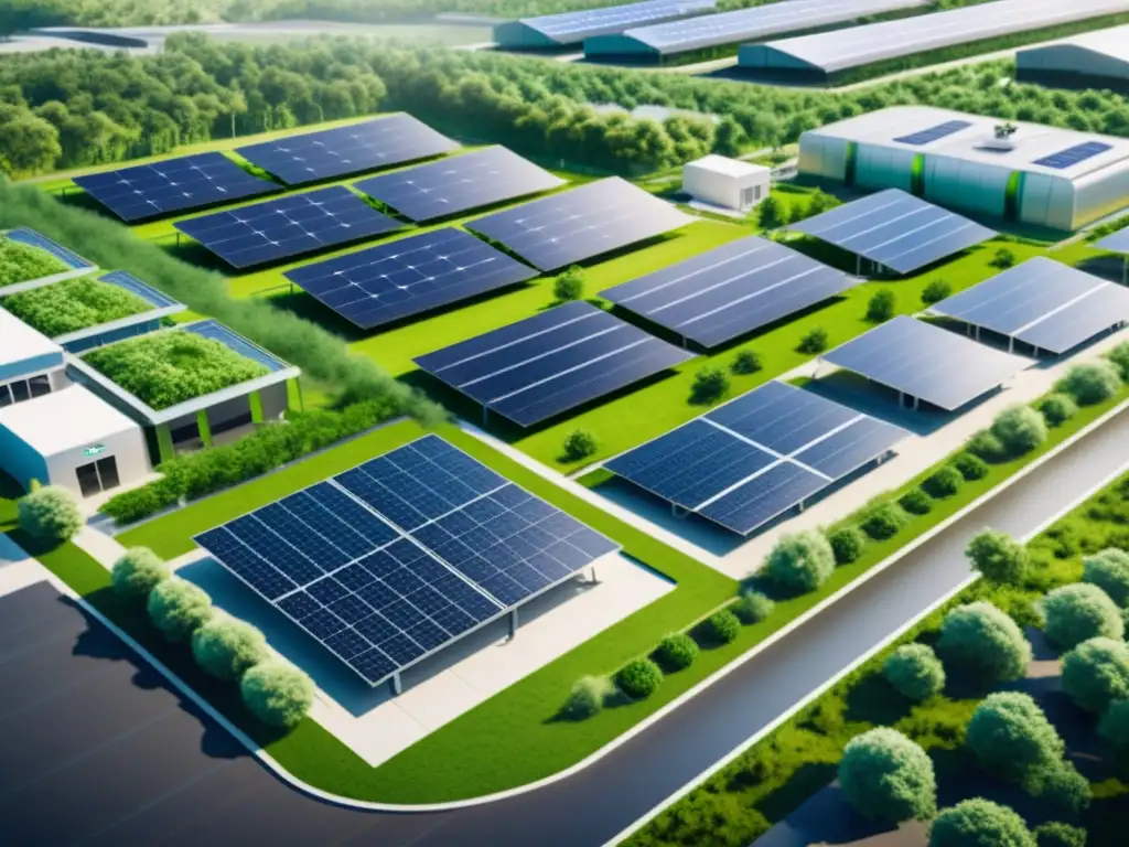 Complejo industrial sostenible: energía limpia y naturaleza Complejo industrial sostenible con paneles solares, turbinas eólicas y estaciones de carga para vehículos eléctricos