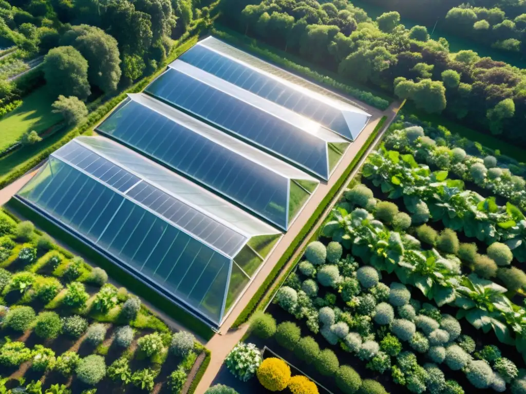 Un complejo de invernaderos se extiende en un paisaje exuberante, reflejando la luz del sol