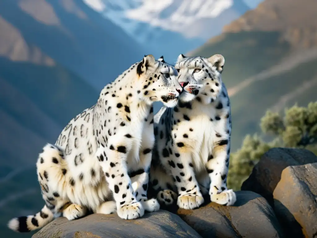 Comportamiento reproductivo de fauna montaña: Leopardo de las nieves macho nuzzling a hembra en la montaña al amanecer