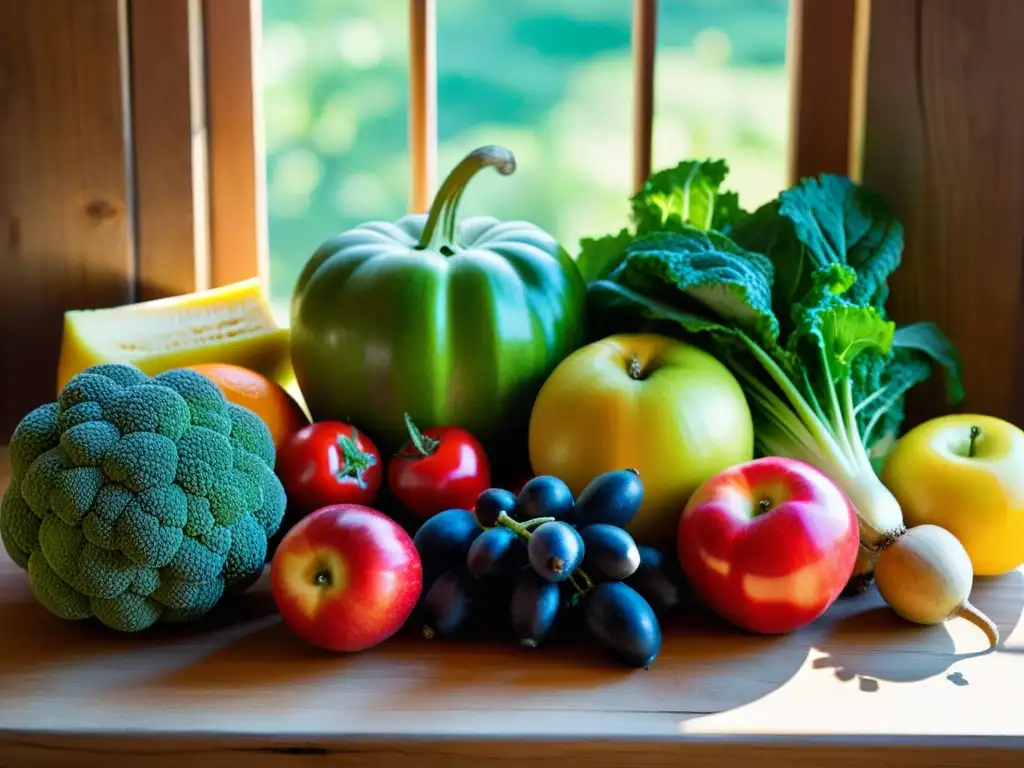 Una composición artística de frutas y verduras orgánicas en una mesa rústica, mostrando la conexión entre alimentos orgánicos y salud mental