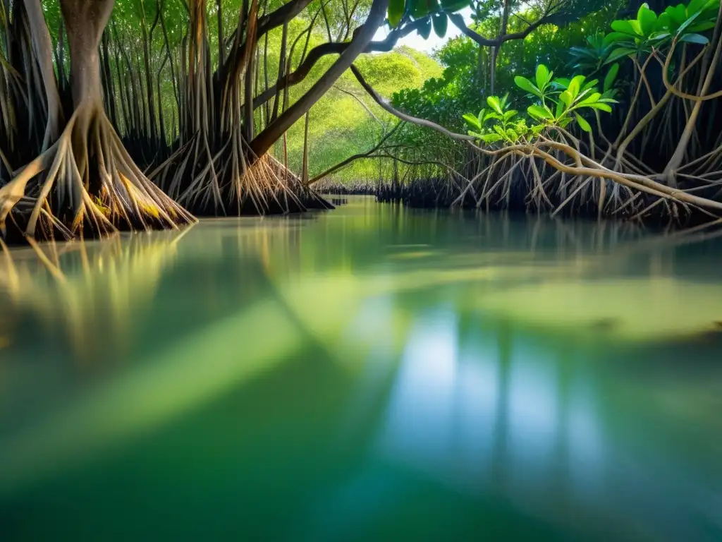 Una composición fotográfica en humedales muestra un sereno bosque de manglares con raíces entrelazadas, aves y una hermosa armonía natural