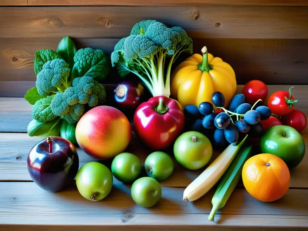 Una composición de frutas y verduras orgánicas, vibrantes y frescas, iluminadas por luz natural en una mesa de madera