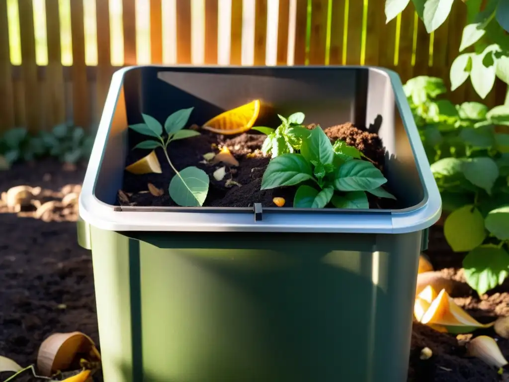 Compostaje en casa: un cúmulo de desechos orgánicos en un compostador, bañado por la luz del sol y rodeado de naturaleza en proceso de descomposición