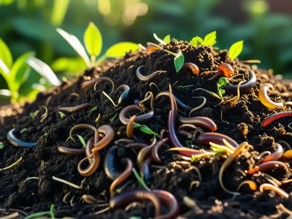 Un compostaje en casa de desechos orgánicos, enriquecido con microorganismos y lombrices, rodeado de plantas exuberantes bajo la cálida luz del sol