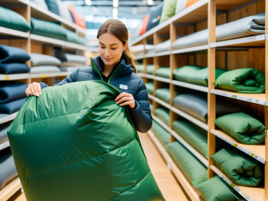 Un comprador selecciona una bolsa de dormir ecológica para exteriores en una tienda de productos sostenibles