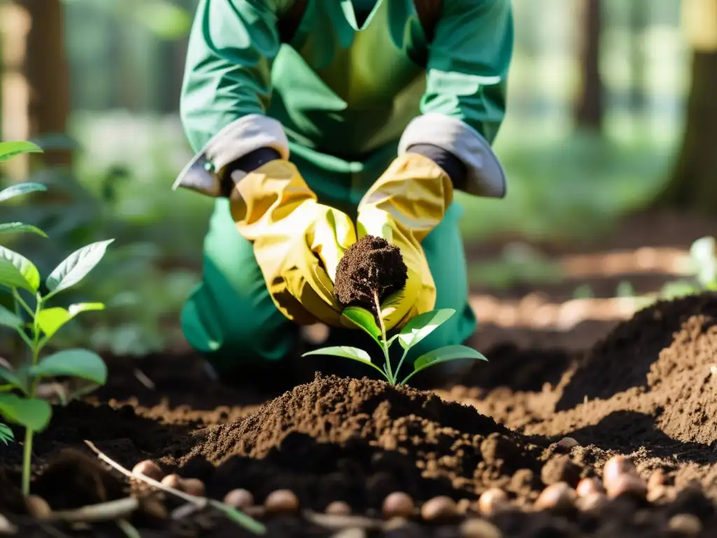 Compromiso personal protegiendo la tierra, plantando árboles en un bosque exuberante, con luz solar filtrándose entre las hojas