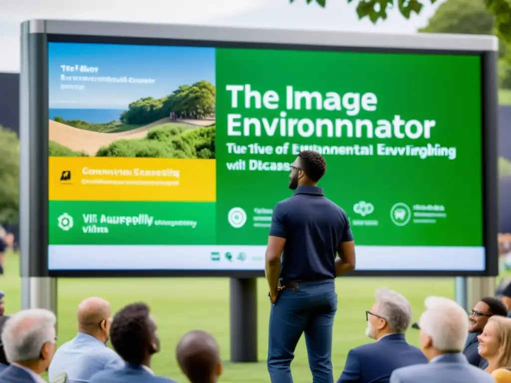 Un comunicador ambiental experto conecta con audiencia diversa en evento al aire libre, mostrando datos sobre temas ambientales en pantalla digital