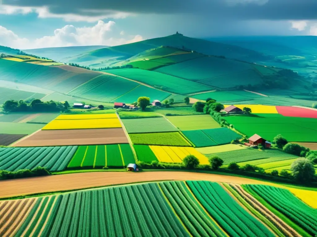 Una comunidad agrícola con campos verdes y granjas tradicionales