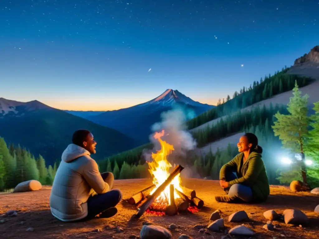 Comunidad diversa en fogata en la montaña, promoviendo conciencia ambiental en zonas montaña