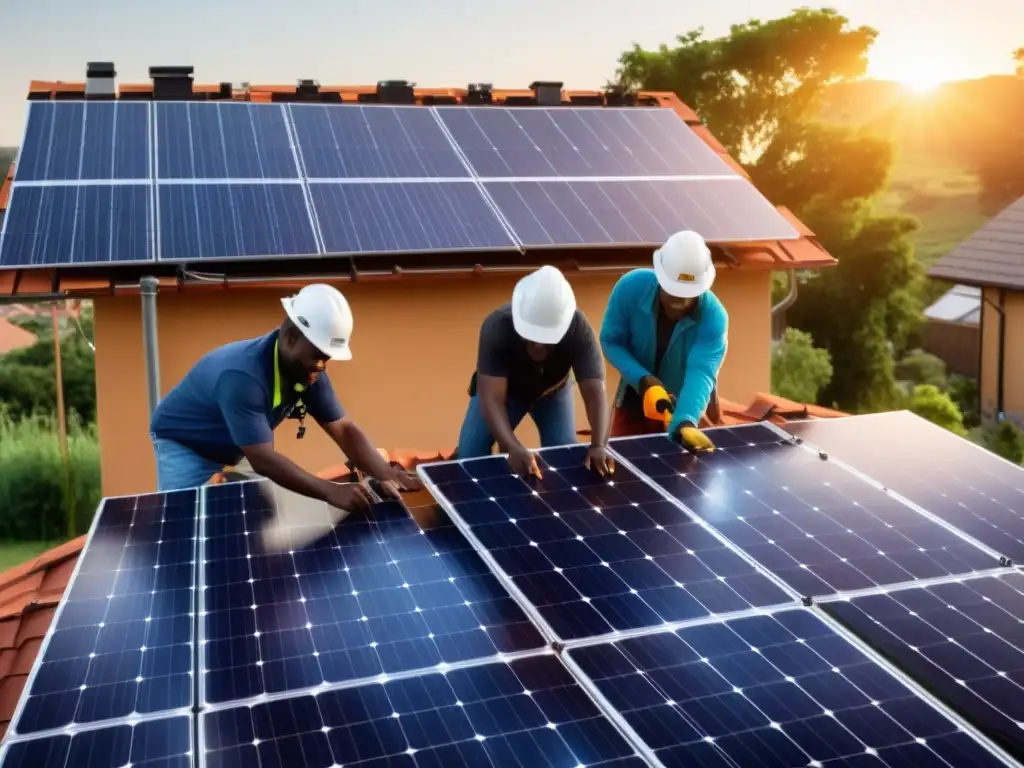 Una comunidad diversa instala paneles solares en sus hogares, reflejando la inversión comunitaria en energía renovable con determinación y orgullo