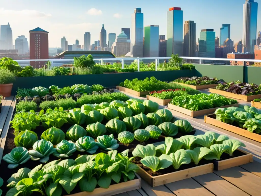 Una comunidad diversa cultiva vegetales urbanos en un bullicioso jardín en la azotea de la ciudad