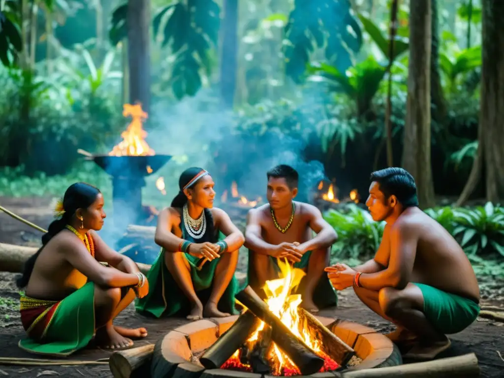 Una comunidad indígena realiza una ceremonia tradicional alrededor de una fogata en la exuberante selva