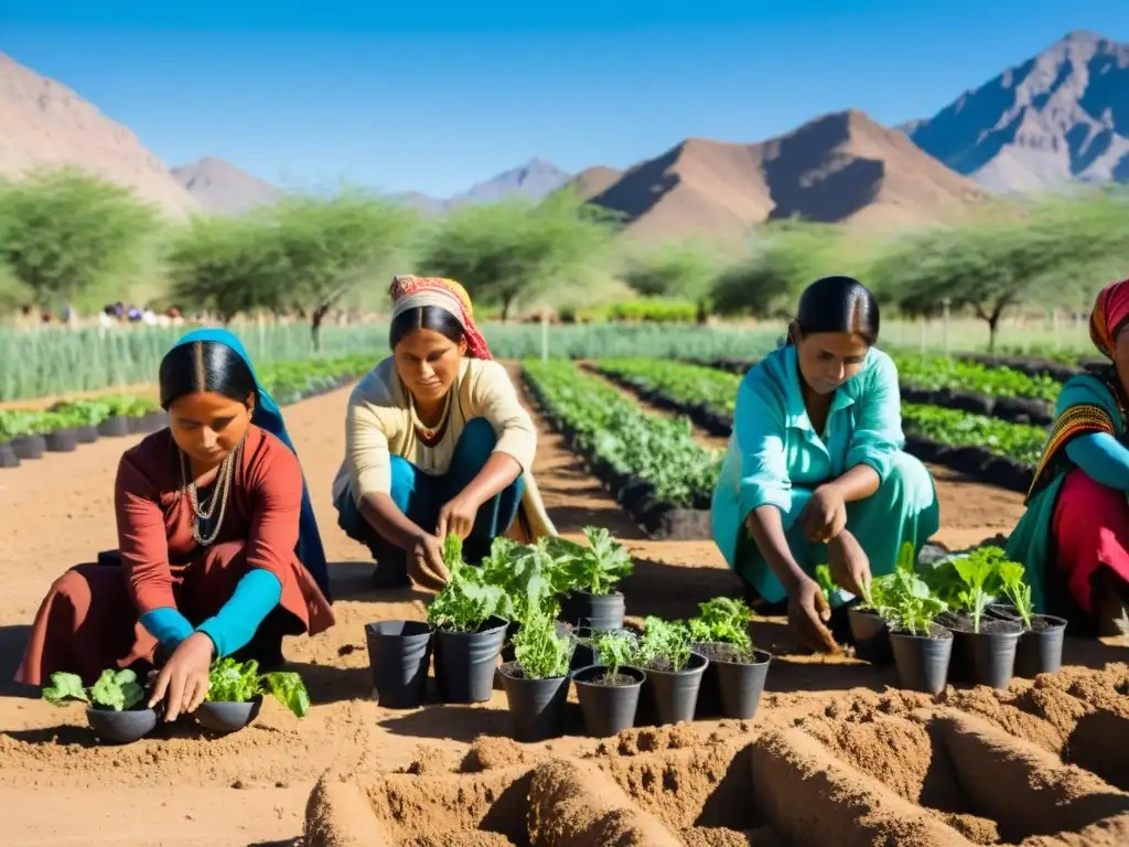 Comunidad indígena siembra cultivos resilientes en un jardín comunitario, estrategias adaptación cambio climático comunidades vulnerables