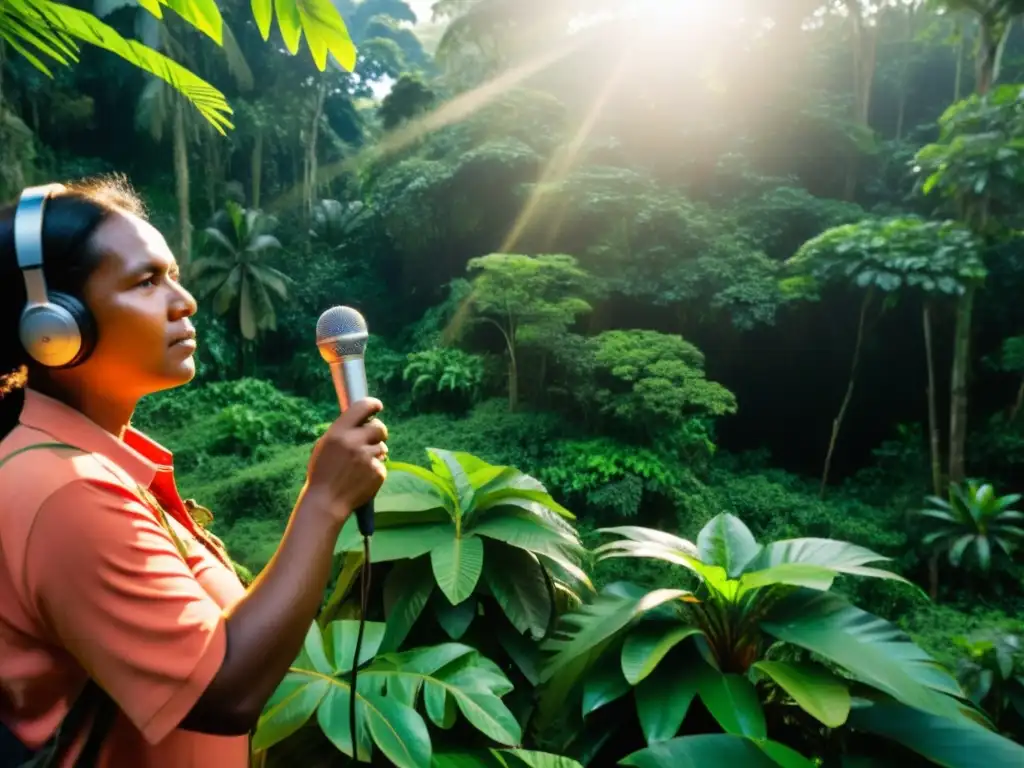 Comunidad indígena en la selva escuchando la radio local con pasión por la conciencia ecológica en zonas remotas