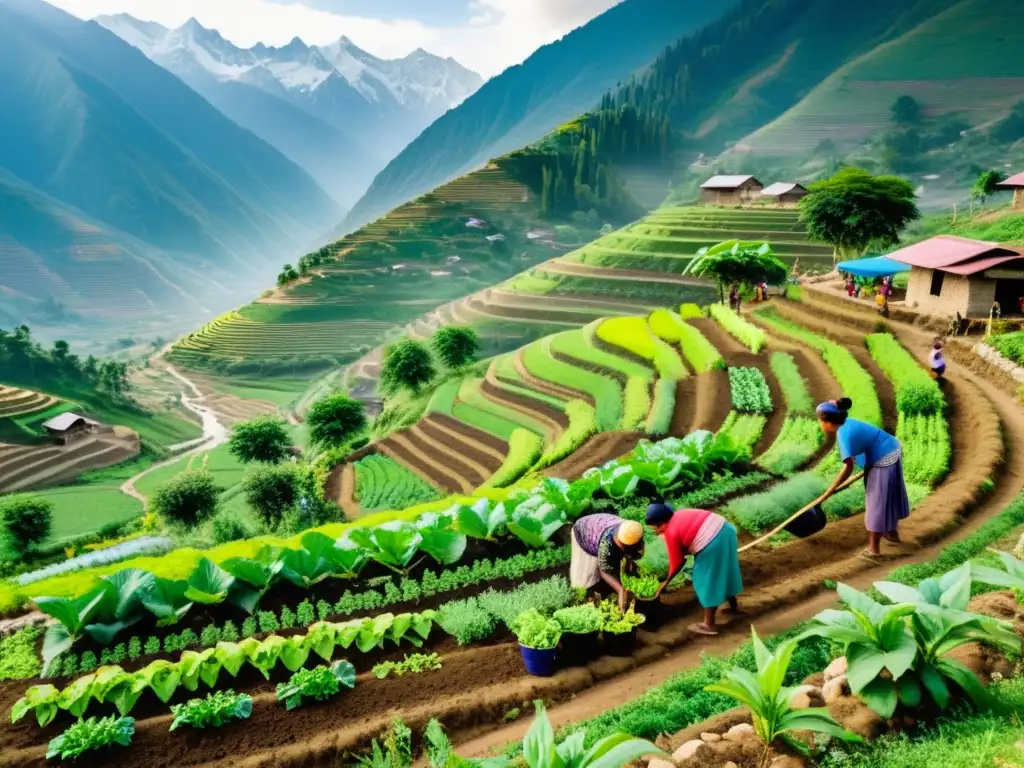 Comunidad de montaña cultivando juntos en armonía con la naturaleza