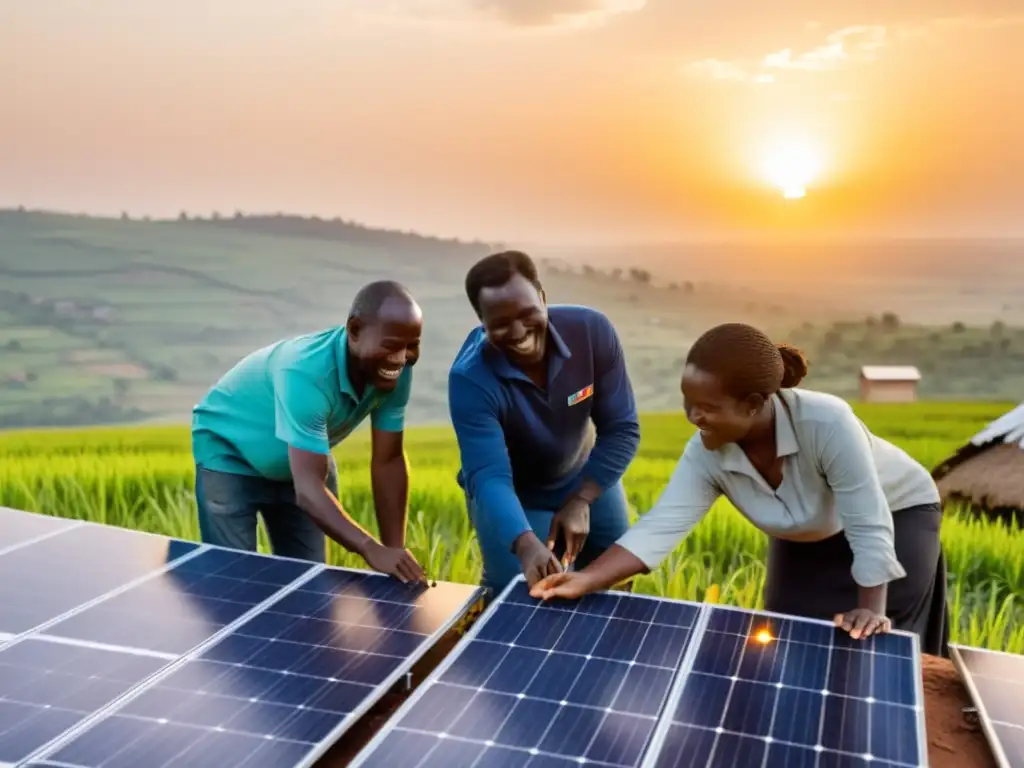 La comunidad instala paneles solares al atardecer, mostrando el impacto positivo de invertir en proyectos de energía renovable