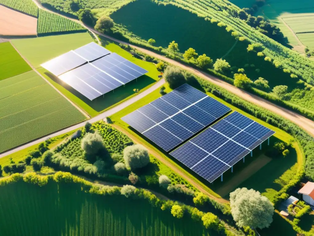 Comunidad rural con paneles solares y turbinas eólicas, destacando la autonomía energética con microredes y la colaboración comunitaria