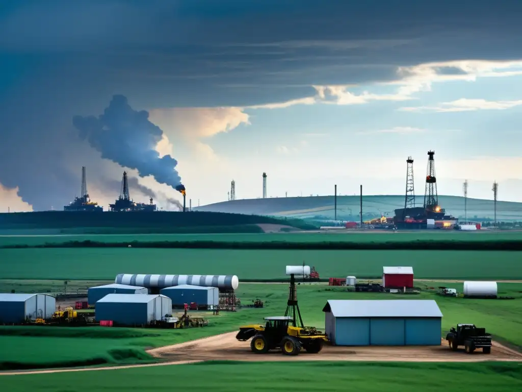 Una comunidad rural rodeada de plataformas petroleras, reflejando el impacto social de la dependencia energética en el paisaje natural