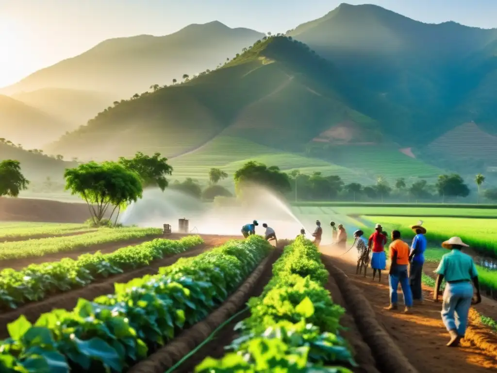 Comunidad rural construyendo sistema de riego ecológico al atardecer