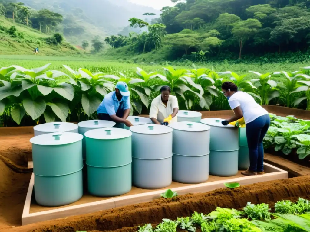 Comunidad instalando sistema innovador de tratamiento de aguas en armonía con la naturaleza