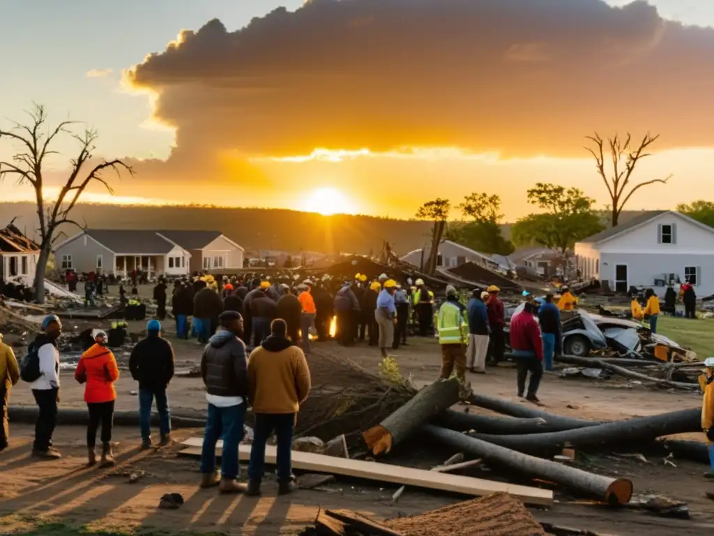 Comunidad unida reconstruyendo tras impacto de fenómenos meteorológicos extremos