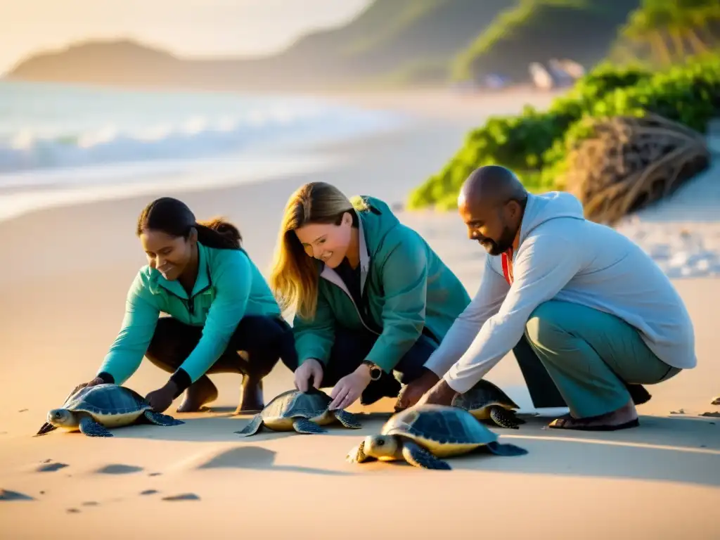 Comunidades locales protegiendo nidos de tortugas marinas al amanecer en la playa