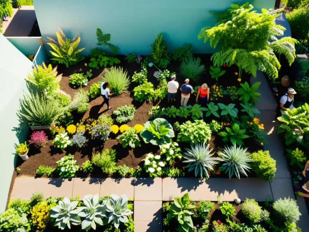 Un jardín comunitario próspero y diverso, reflejando el activismo ecológico a través de la colaboración de la comunidad