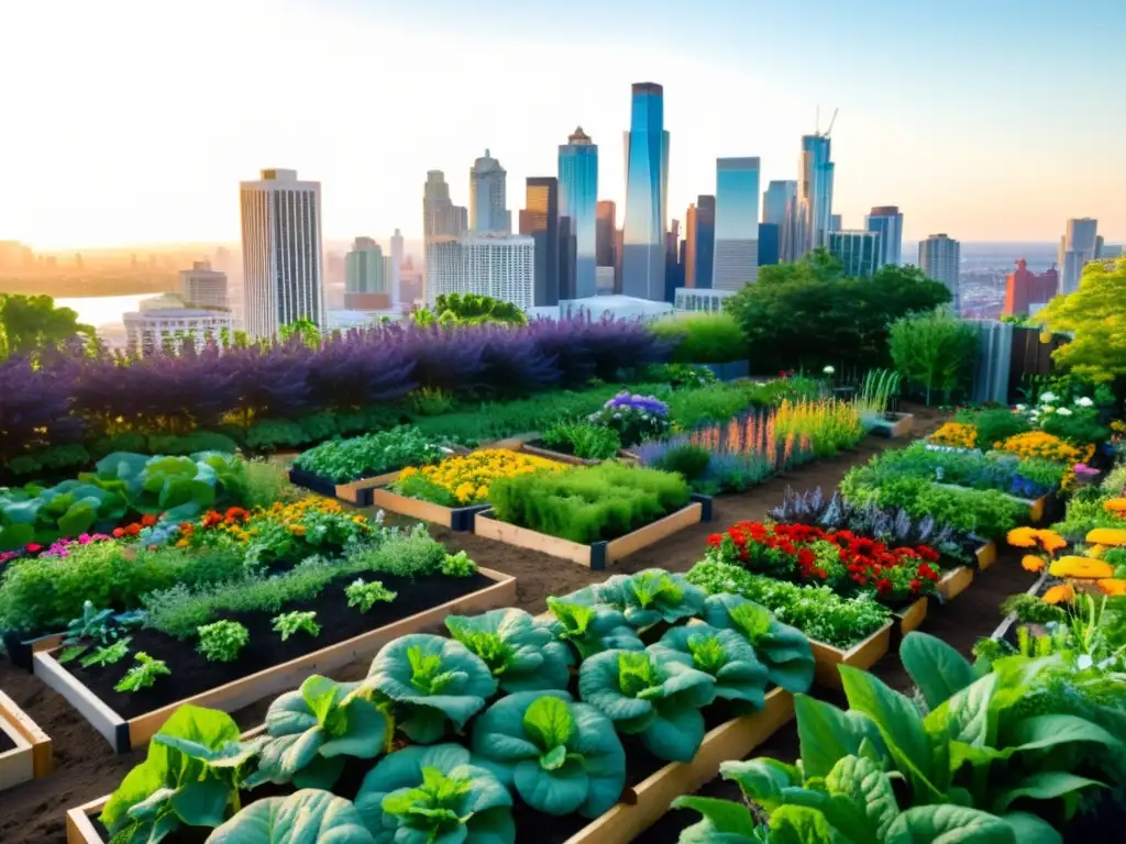 Jardín comunitario urbano, sostenibilidad urbana integrando naturaleza, diversidad y vitalidad vegetal en contraste con rascacielos modernos