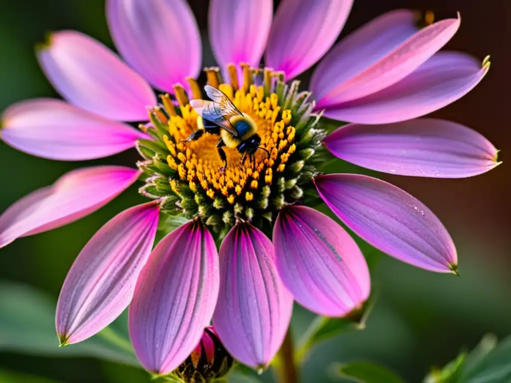 Un coneflower morado vibrante con estambres rosados y naranjas cubiertos de polen