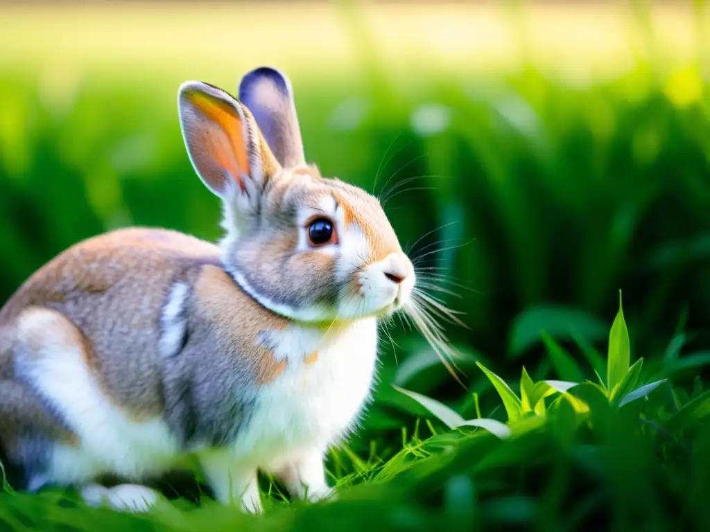 Un conejo tranquilo descansando en un lecho de hierba vibrante, iluminado por suave luz, transmitiendo inocencia y vulnerabilidad