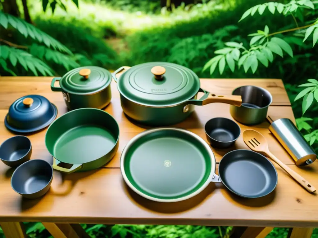 Un conjunto de utensilios de cocina portátiles ecológicos en un entorno de camping sostenible en medio de un bosque verde exuberante