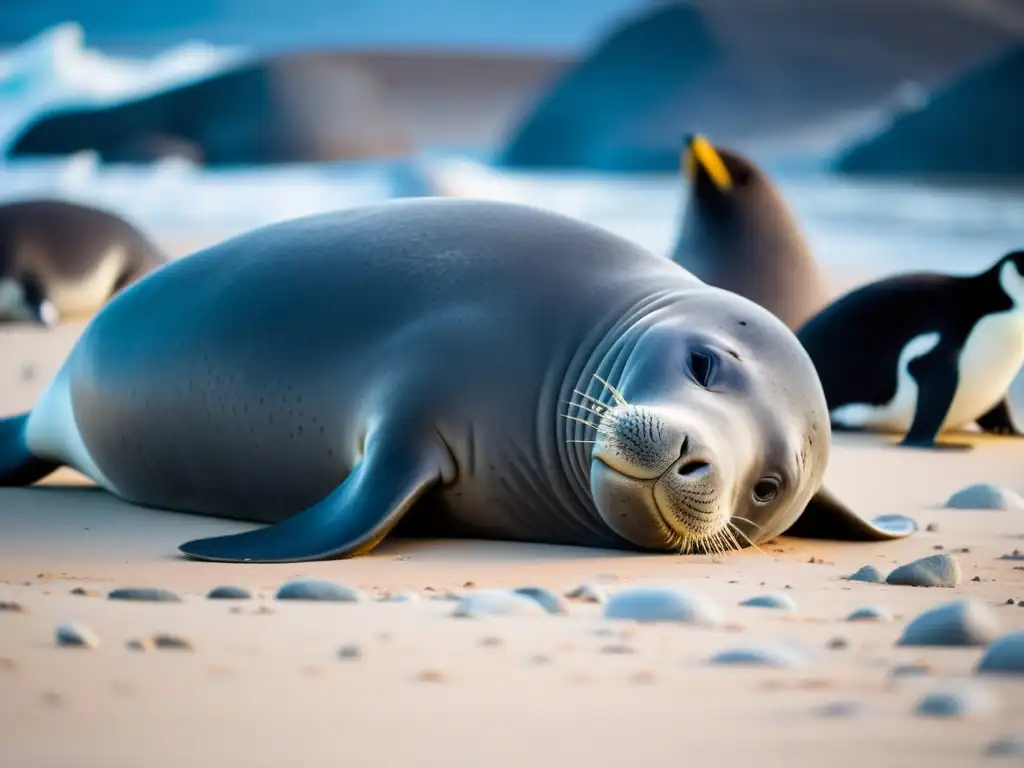 Una conmovedora imagen de un elefante marino del sur dando a luz en una playa de arena en la Antártida, rodeada de pingüinos curiosos