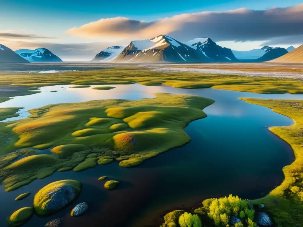 Consecuencias del deshielo perpetuo en tundra y taiga: paisaje de tundra con plantas vibrantes y lagos cristalinos bajo la luz cálida