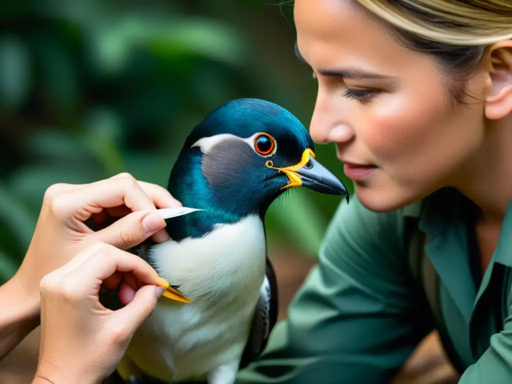 Conservacionista colocando dispositivo de rastreo en ave en peligro, tecnología en conservación de especies en peligro