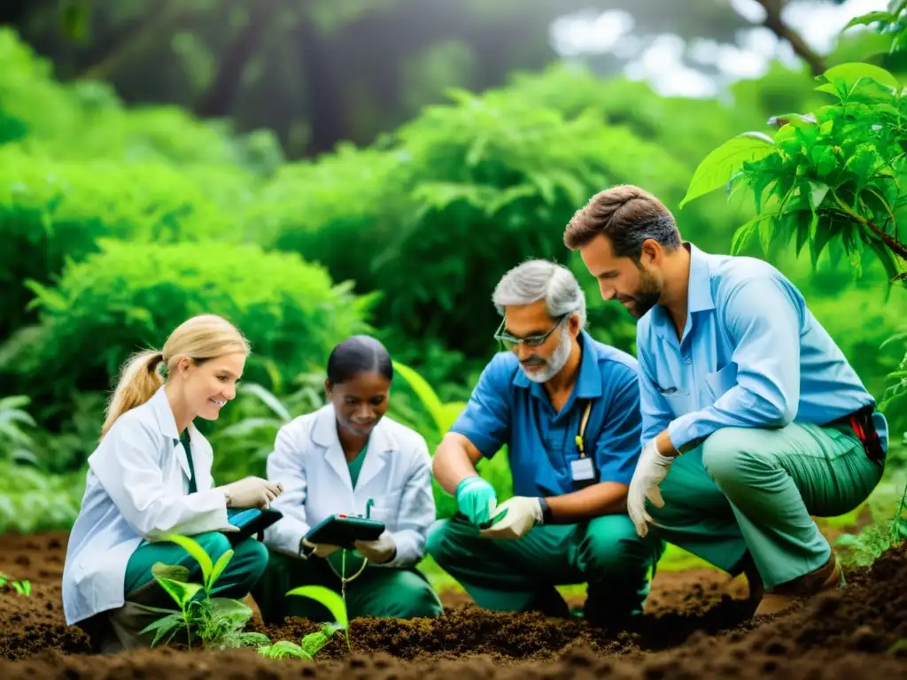 Conservacionistas y científicos usan herramientas multifuncionales para ecosistemas en escena evocadora de trabajo en biodiversidad