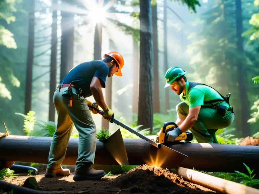 Conservacionistas usando herramientas multifuncionales para cuidar un bosque diverso