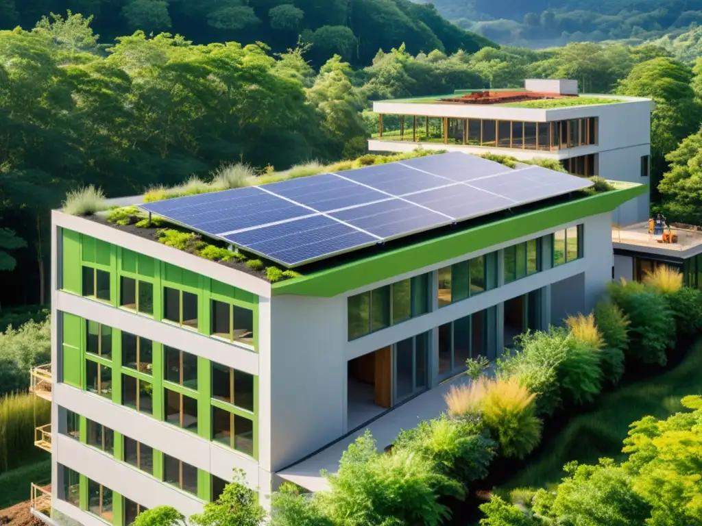 Construcción de edificio sostenible con paneles solares y techos verdes, integrado en la naturaleza