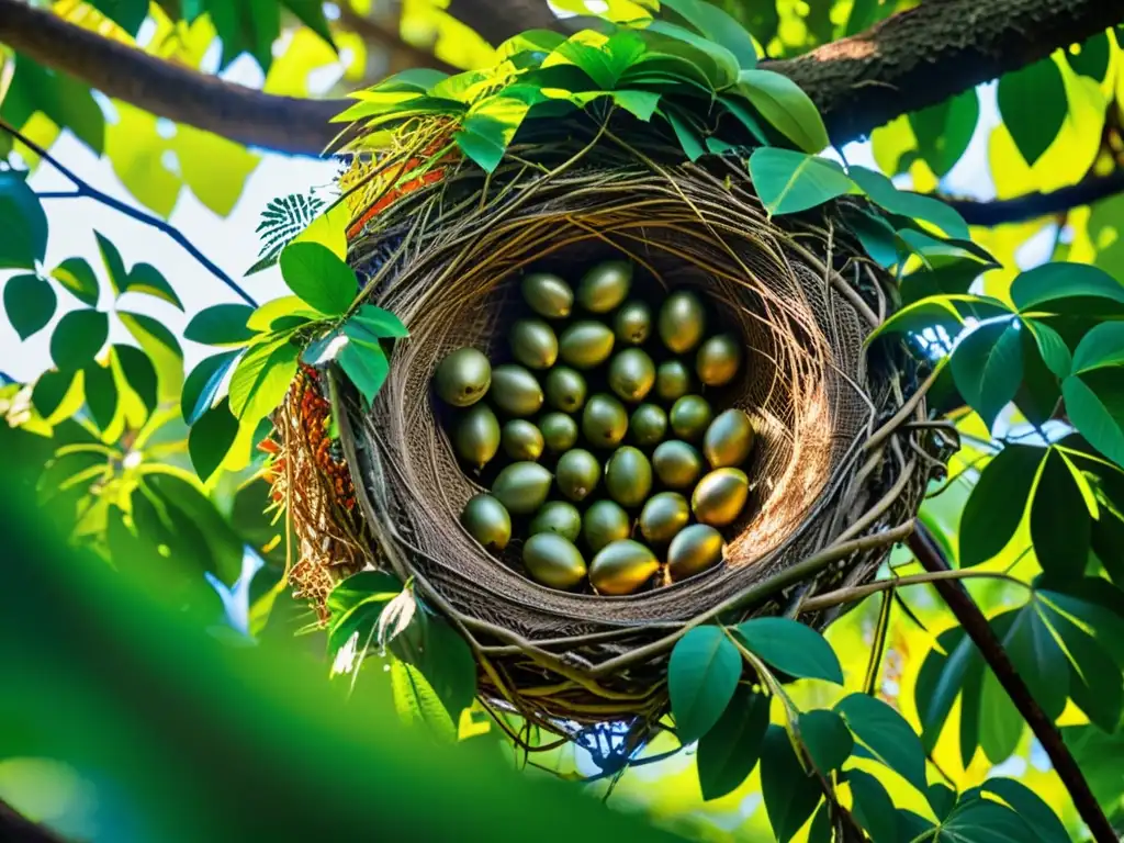 Construcciones de nidos en la selva: Detalle vibrante del dosel de la selva tropical con nidos de aves en ramas frondosas, bañados por la luz del sol