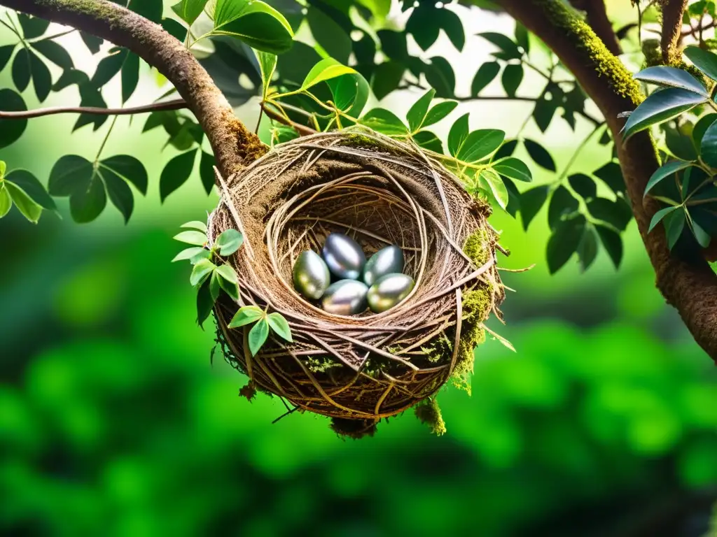 Construcciones de nidos en la selva: Intrincados nidos de aves entre exuberante vegetación, bañados por luz cálida