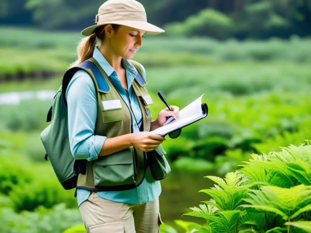 Un consultor ambiental para empresas sostenibles realiza un detallado estudio de un ecosistema natural, mostrando dedicación y experticia