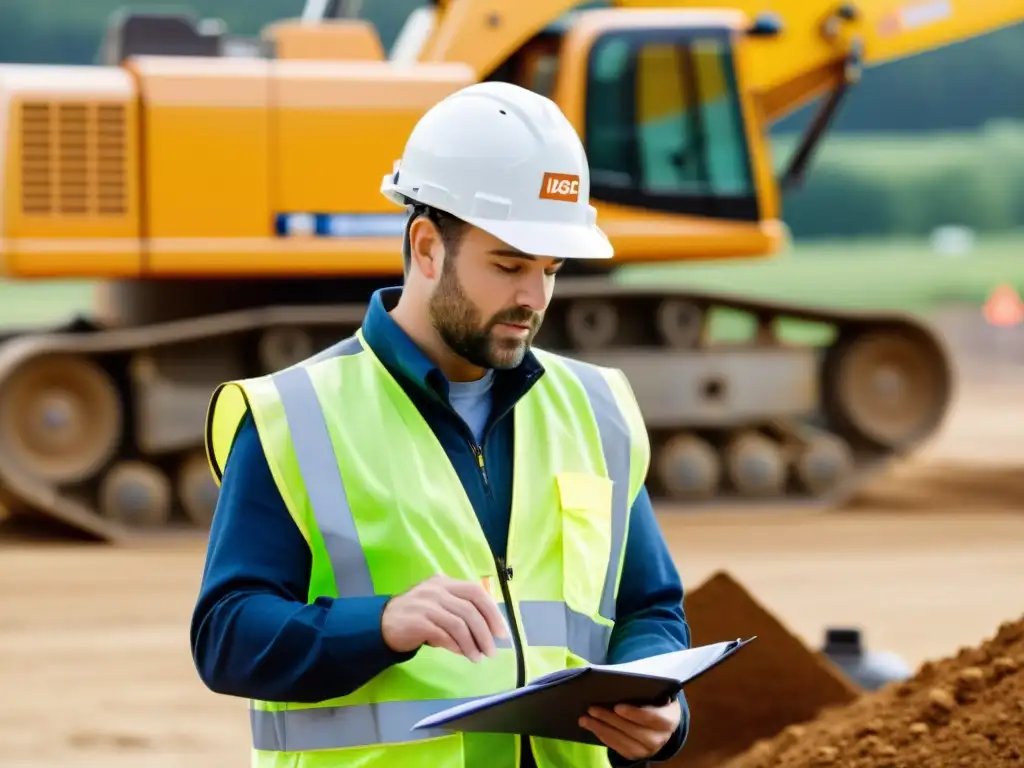 Consultor ambiental realizando evaluación de impacto ambiental en sitio de construcción, destacando la formación ISO 14001 Gestión Ambiental