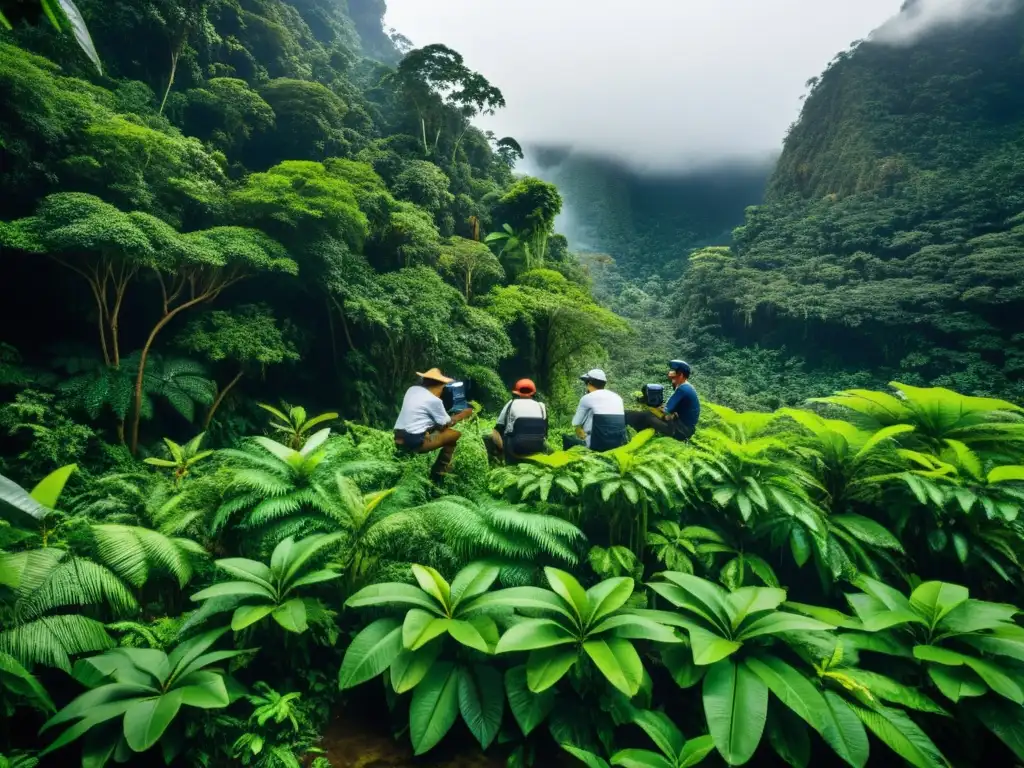 Expedición científica en la selva tropical: evaluación de impacto ambiental y cambio climático Consultores ambientales realizando investigación de campo en selva tropical, evaluando impacto del cambio climático en la biodiversidad