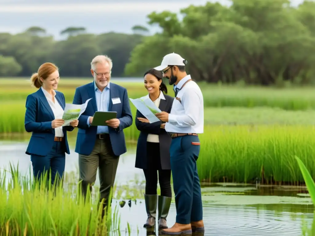 Consultores ambientales inspeccionan humedal, documentando especies y calidad del agua