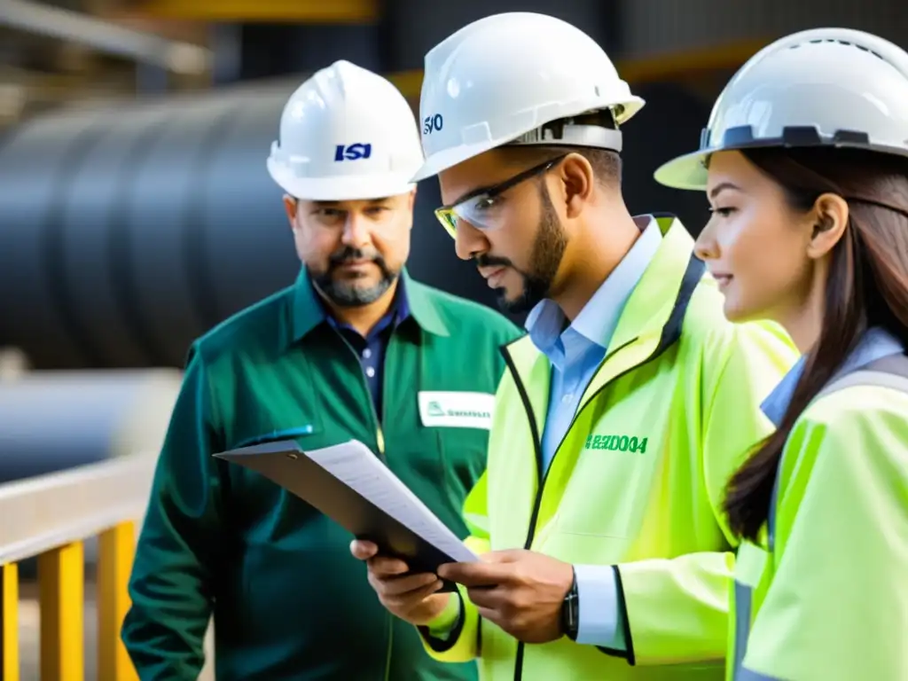 Consultores ambientales realizando una minuciosa auditoría en una fábrica para asegurar el cumplimiento de normas ISO 14001