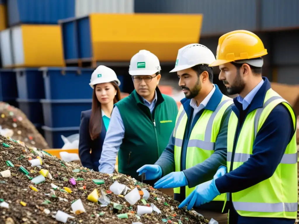 Consultores en gestión de residuos ecológicos realizan auditoría detallada en planta de reciclaje, analizando eficiencia y sostenibilidad