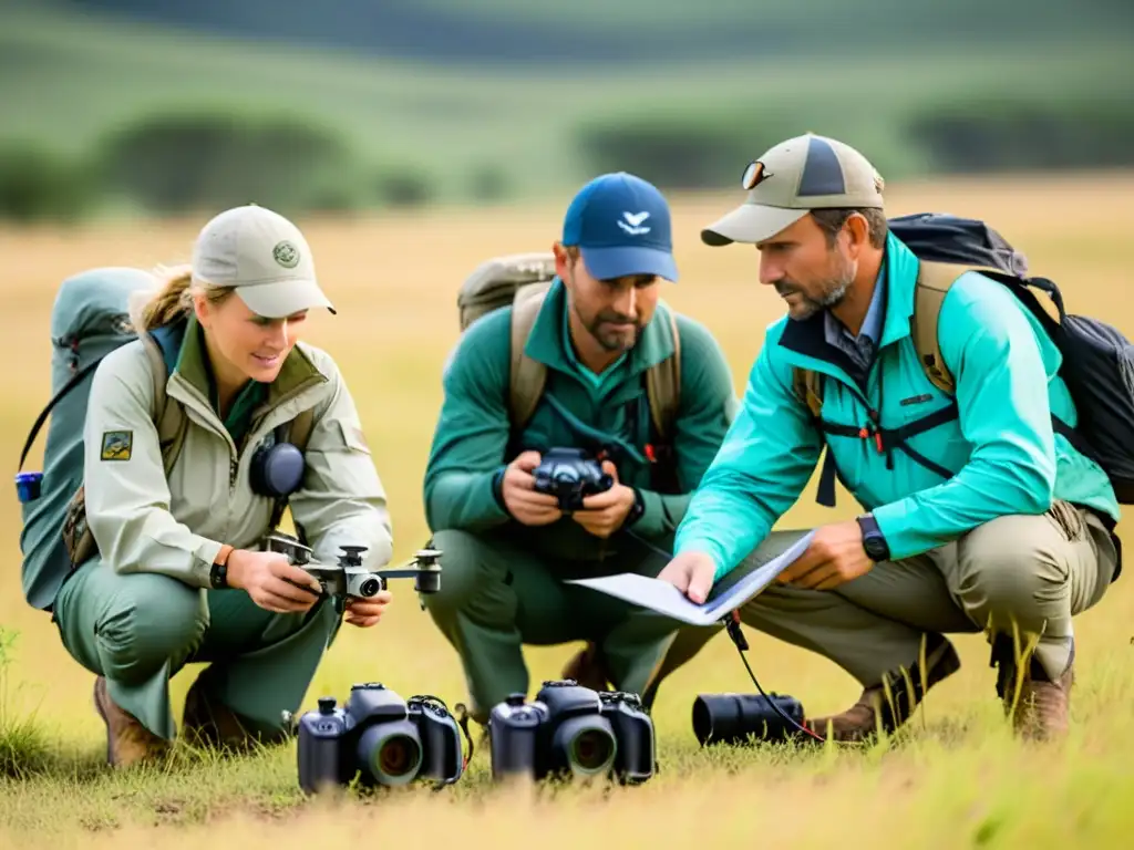 Consultoría en manejo de fauna silvestre: equipo de expertos en campo monitorea animales en peligro, utilizando tecnología innovadora