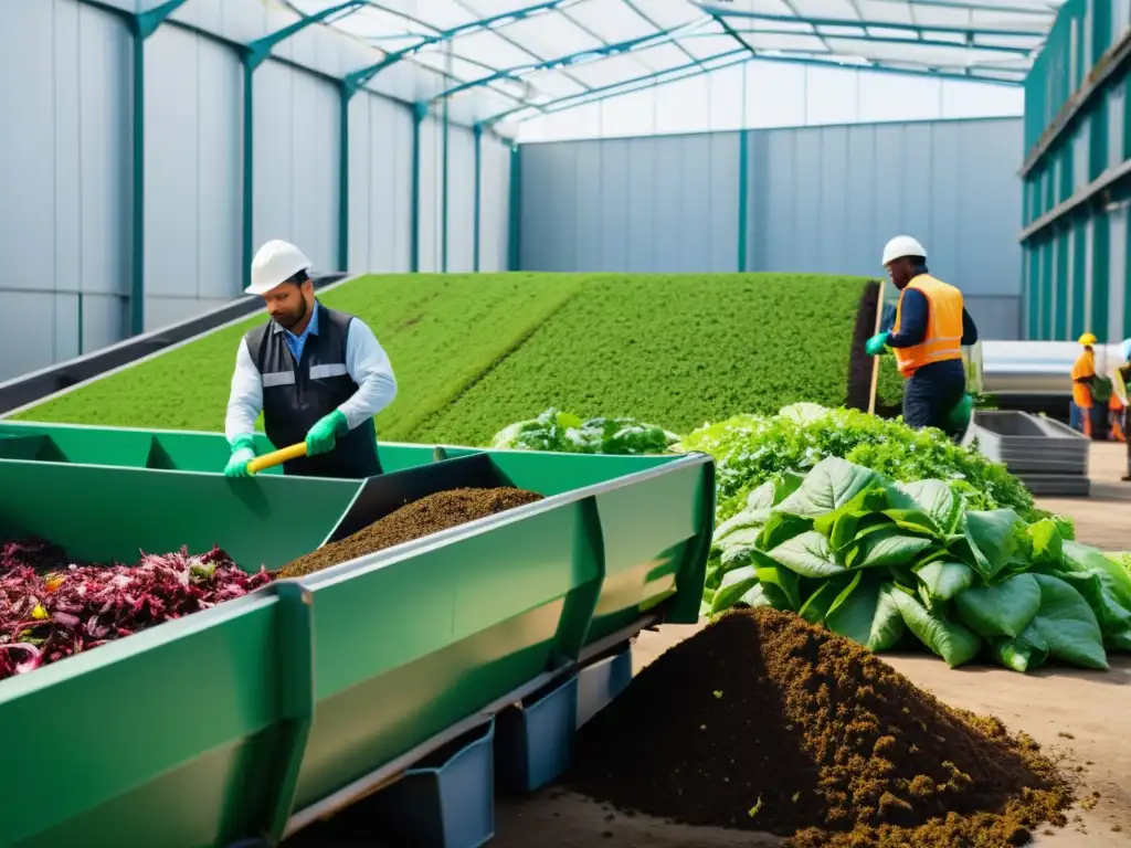 Consultoría gestión residuos ecológicos: Moderna planta de reciclaje con trabajadores procesando desechos verdes de manera sostenible