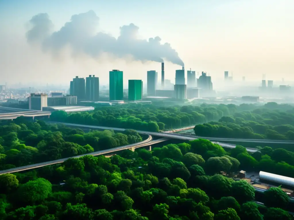 Contraste impactante entre alta contaminación y zona verde, resaltando beneficios zonas bajas emisiones salud